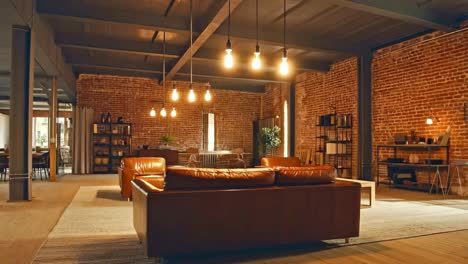 modern loft living room with brick walls and leather sofa