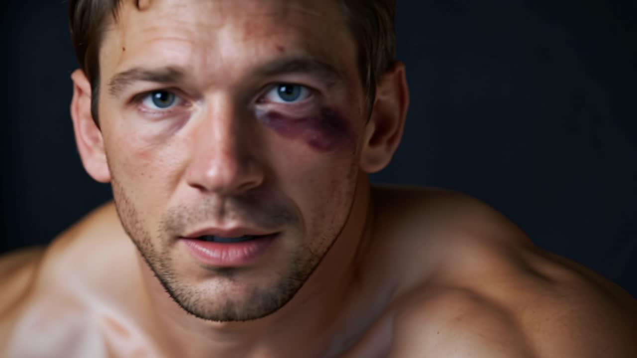 Homem ferido com um olho roxo olhando seriamente para a câmera.