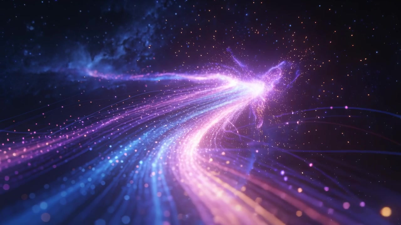 Flowing dual ribbon curving through stars with sparks as camera tracking, merging into bright core