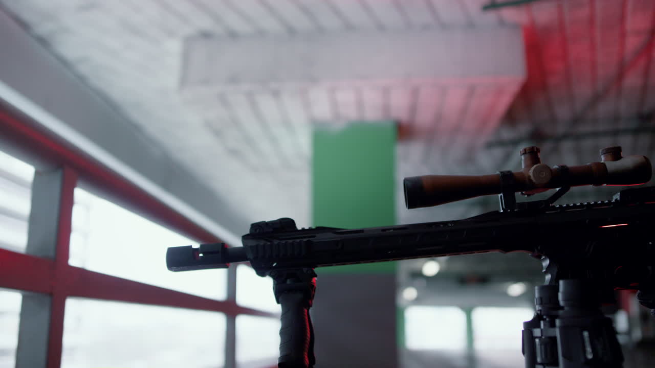 asesino con rifle de francotirador en un edificio urbano. francotirador apuntando el alcance del arma