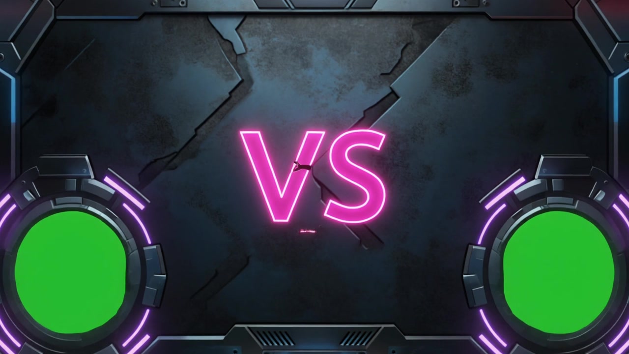 Schermata Versus con segnaposto green screen e testo al neon