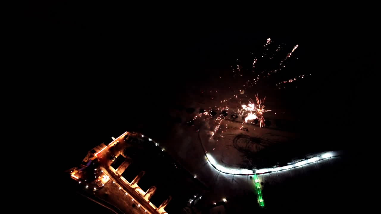 Christmas Firework display. Aerial view beautiful fireworks show in the night sky. Happy New Year
