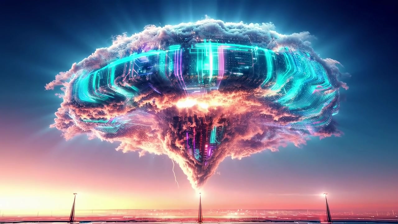Futuristic Glowing Cloud Structure Floating Above a Digital Landscape