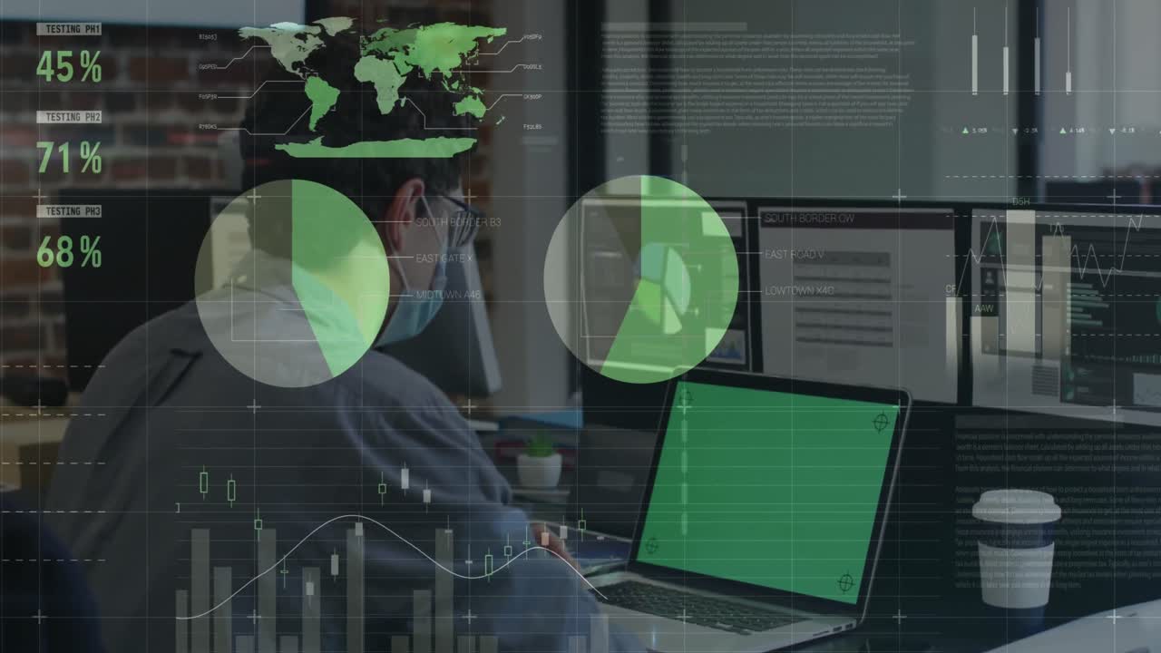 animación del procesamiento de datos financieros sobre un hombre de negocios con máscara facial