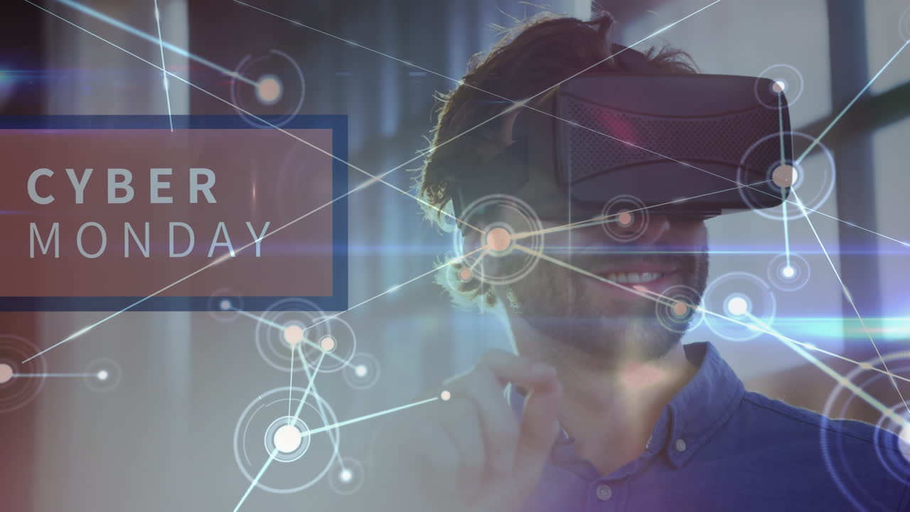 Animation of network of connections and cyber monday text over caucasian man using vr headset