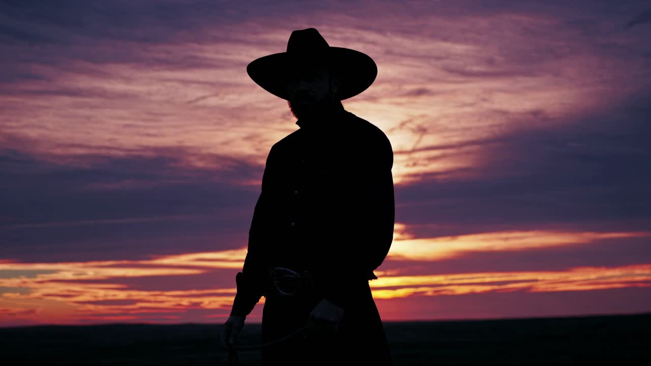 Silhouette of a cowboy at sunset, captured from a low angle. The dramatic sky adds a cinematic feel