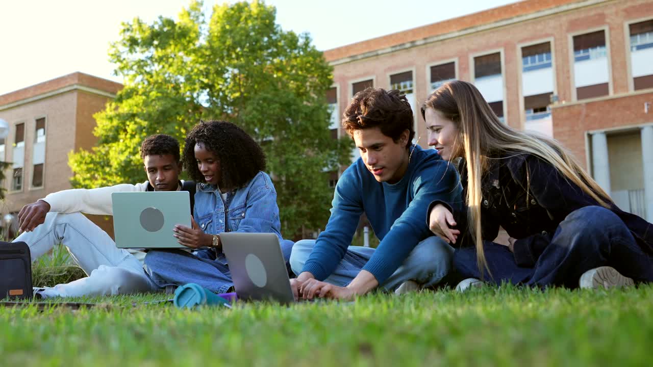 Studerende, der studerer sammen på campusplænen