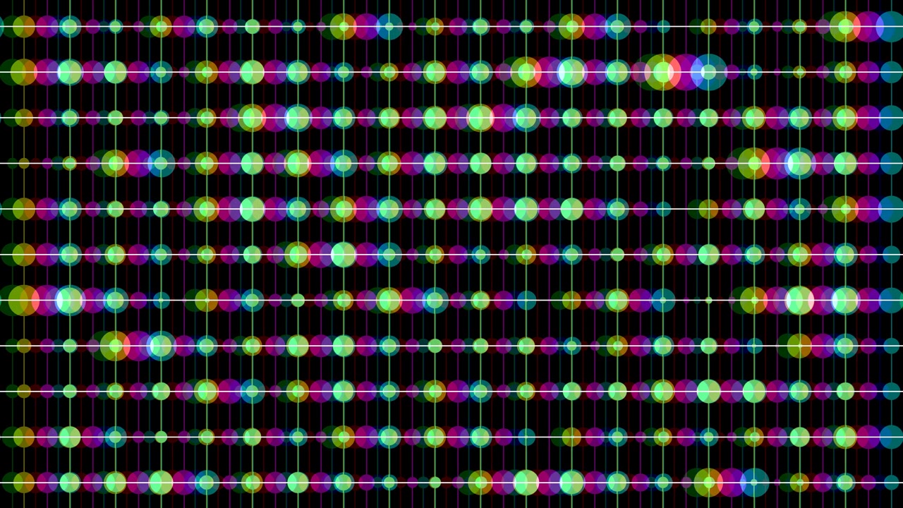 Vivace visualizzazione di cerchi luminosi e sovrapposti e una griglia lineare che creano un'animazione di sfondo astratta, dinamica ed energica, ripetibile.