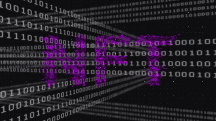 Animation of data processing and nft text over black background