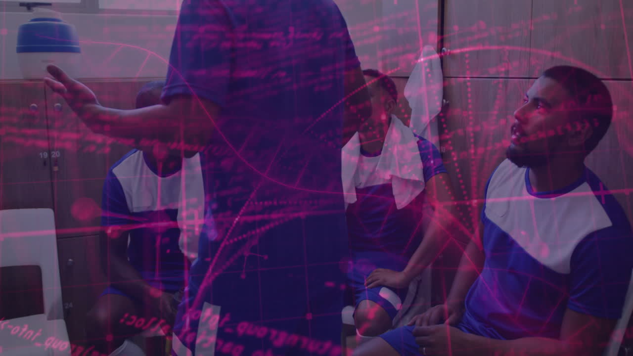 Coach presenting sports analytics in locker room, featuring pink digital graphs and code