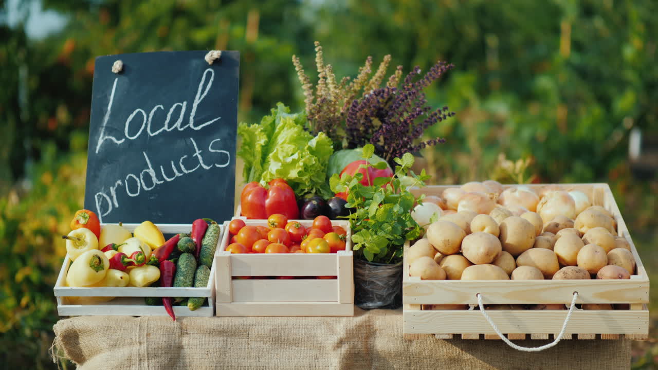 신선한 야채와 현지 제품 표시가 있는 카운터