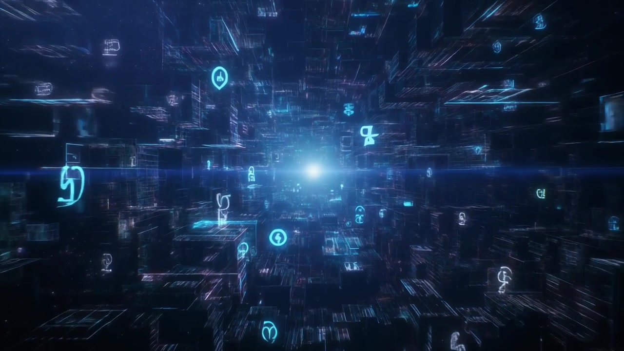Abstract Digital Tunnel with Glowing Data Icons and Cybernetic Structures
