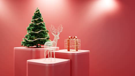 Weihnachtsbaum,-Beleuchtetes-Rentier-Und-Verpacktes-Geschenk-Auf-Rotem-Hintergrund