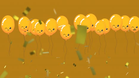 animation of gold balloons flying and confetti falling over gold background