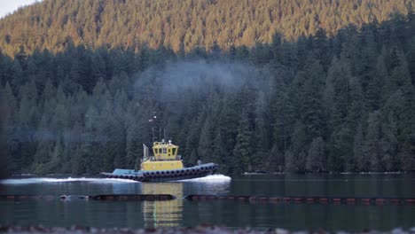 Szenen-Aus-Dem-Barnet-Marine-Park-In-Der-Nähe-Von-Vancouver-Mit-Einem-Gelben-Schlepper,-Einem-Öltanker,-Grünen-Bäumen,-Einem-Sandstrand-Und-Möwen-An-Einem-Schönen-Winternachmittag