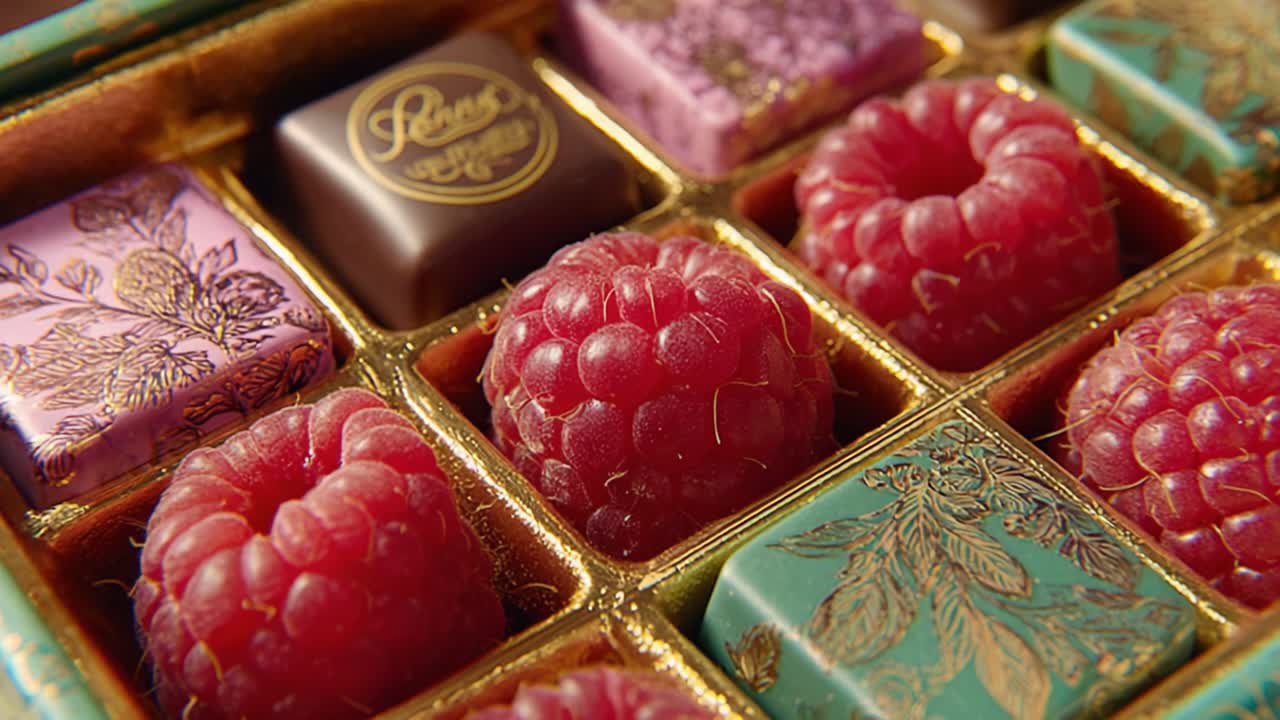 A Close-Up View of Exquisite Chocolates with Fresh Raspberries Arrangement in Elegant Box Showcasing Luxury Treats and Delightful Colors