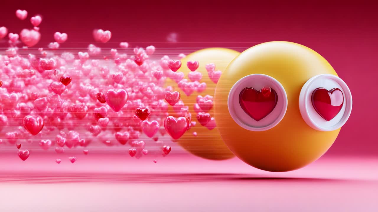A playful and vibrant animation showcases two joyful emoticons zipping through a cloud of floating pink hearts, embodying feelings of love, excitement, and happiness with dynamic motion and cheerful expression