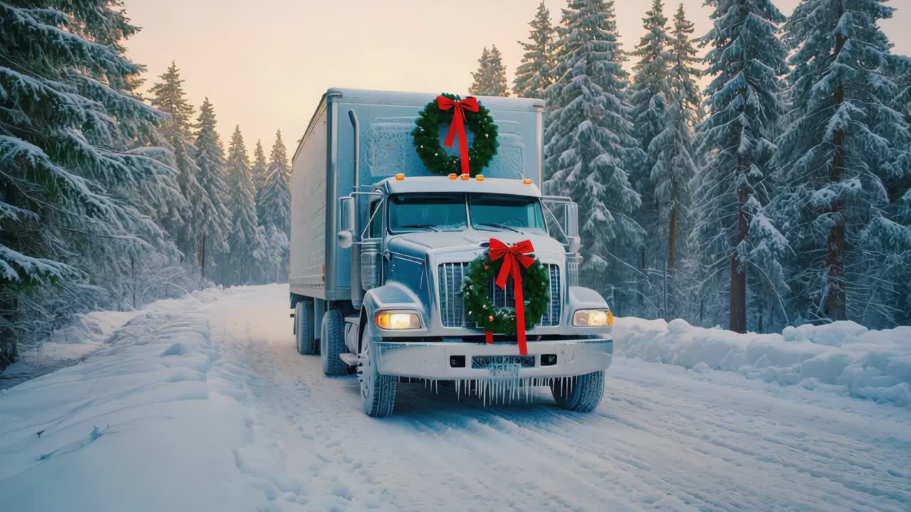 Truck with Christmas Wreath in Winter Landscape