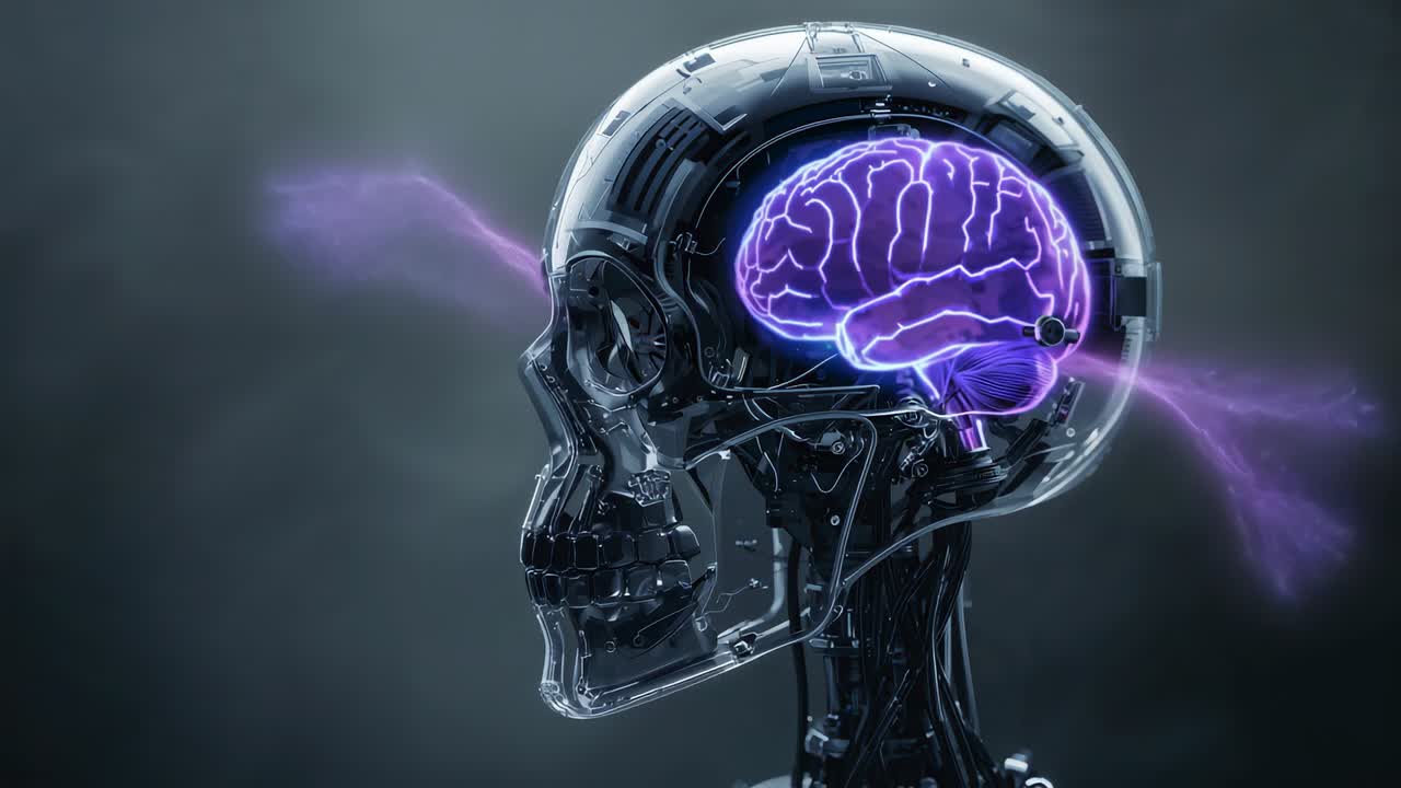 First pulse activating electric arcs on glass skull purple brain revealing support wiring in studio