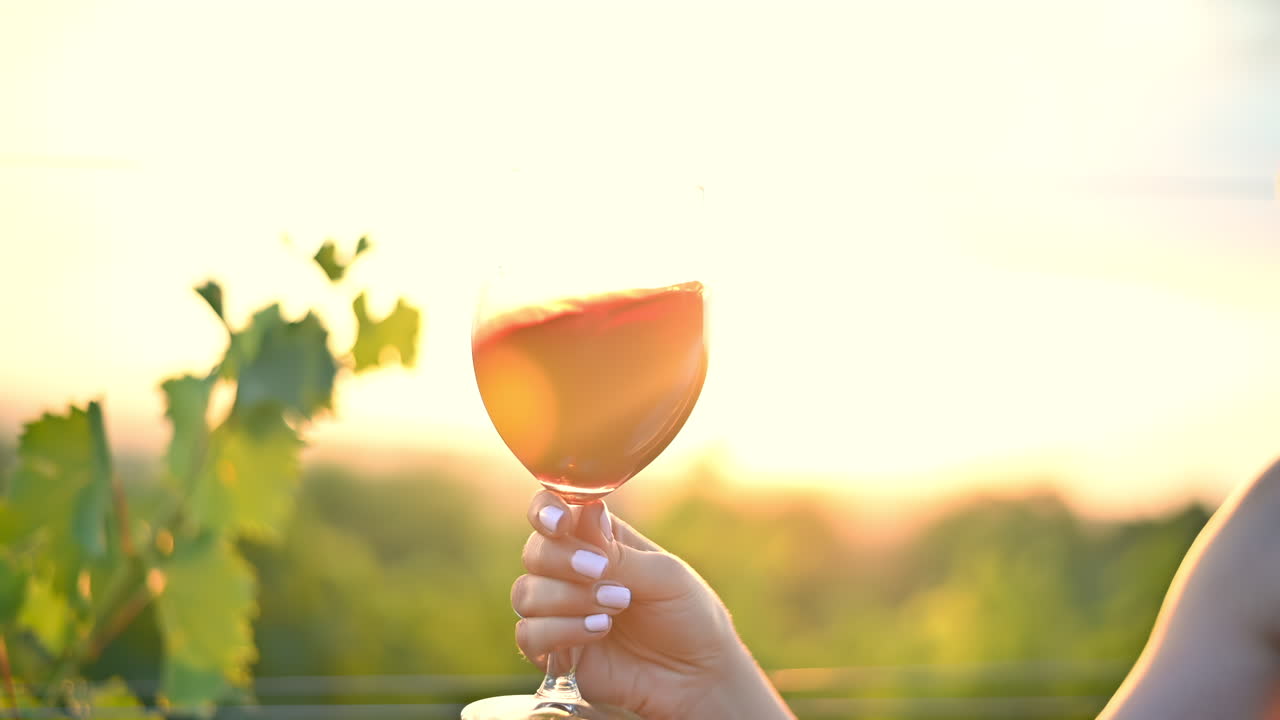 En person höjer ett glas rött vin och fångar en vacker solnedgång i en vingård. Det varma ljuset skapar en lugn och fridfull atmosfär när dagen går mot sitt slut.