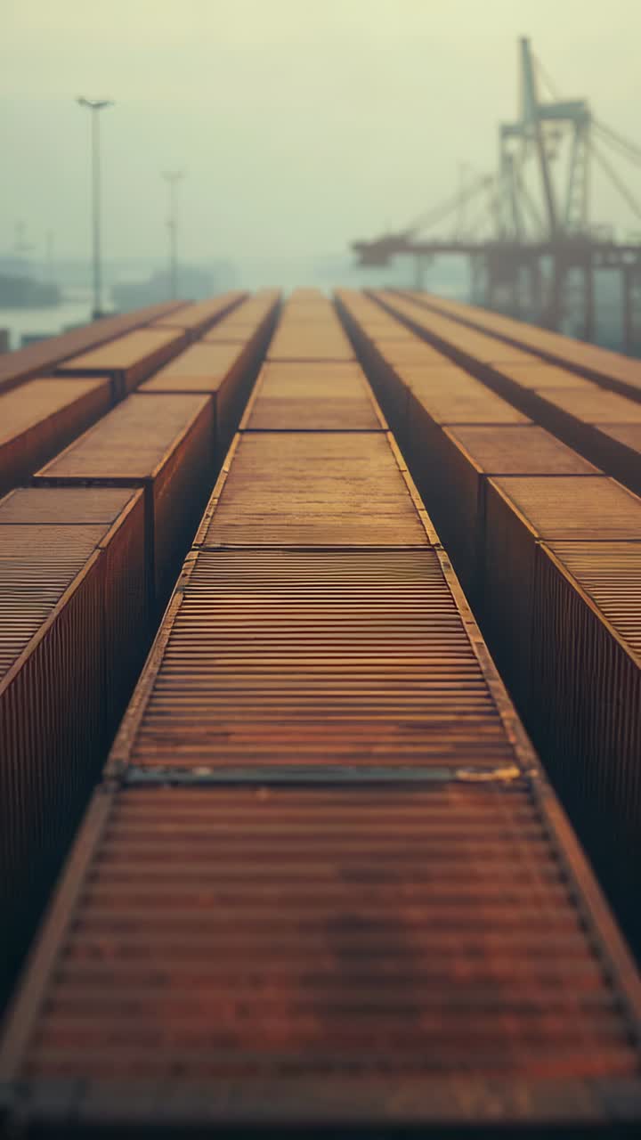 Vertical video: Pulling camera forward revealing container rows at quay with cranes showing scale