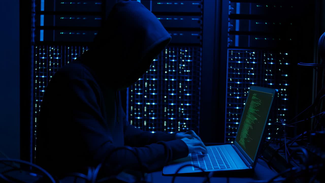 Hacker Working on Laptop in a Dark Server Room