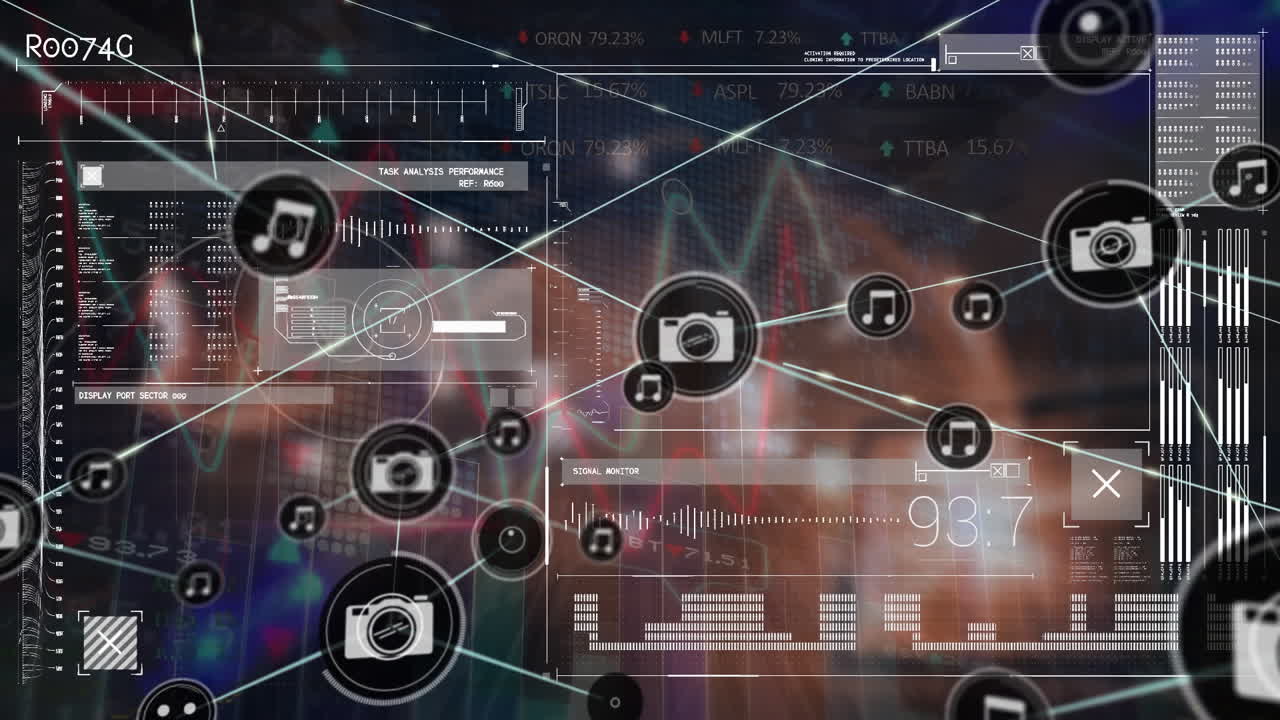 회색 배경에 대한 데이터 처리 인터페이스를 통해 디지털 아이콘 네트워크의 애니메이션