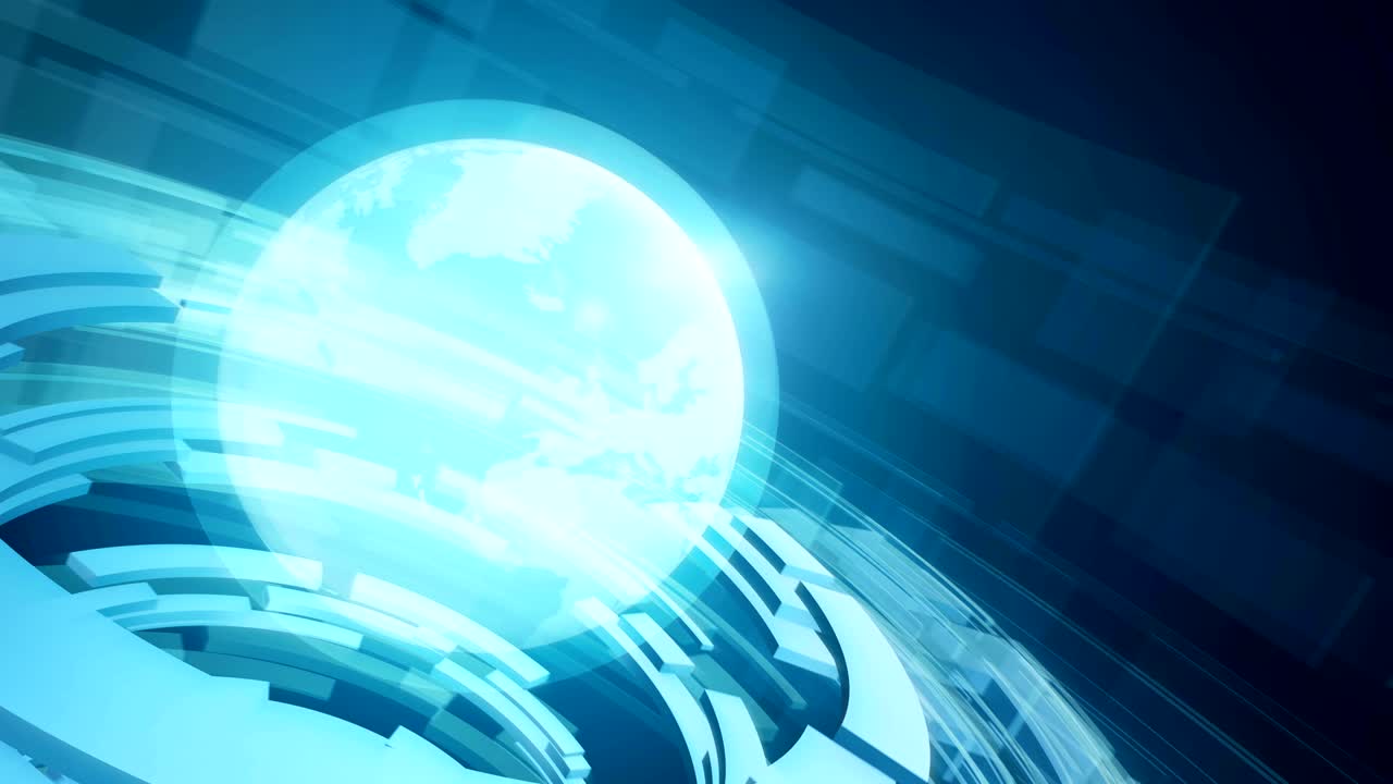 추상적인 디지털 루프 모션 배경은 회전하는 지구 지구와 원형 기하학적 모양을 가지고 있습니다.