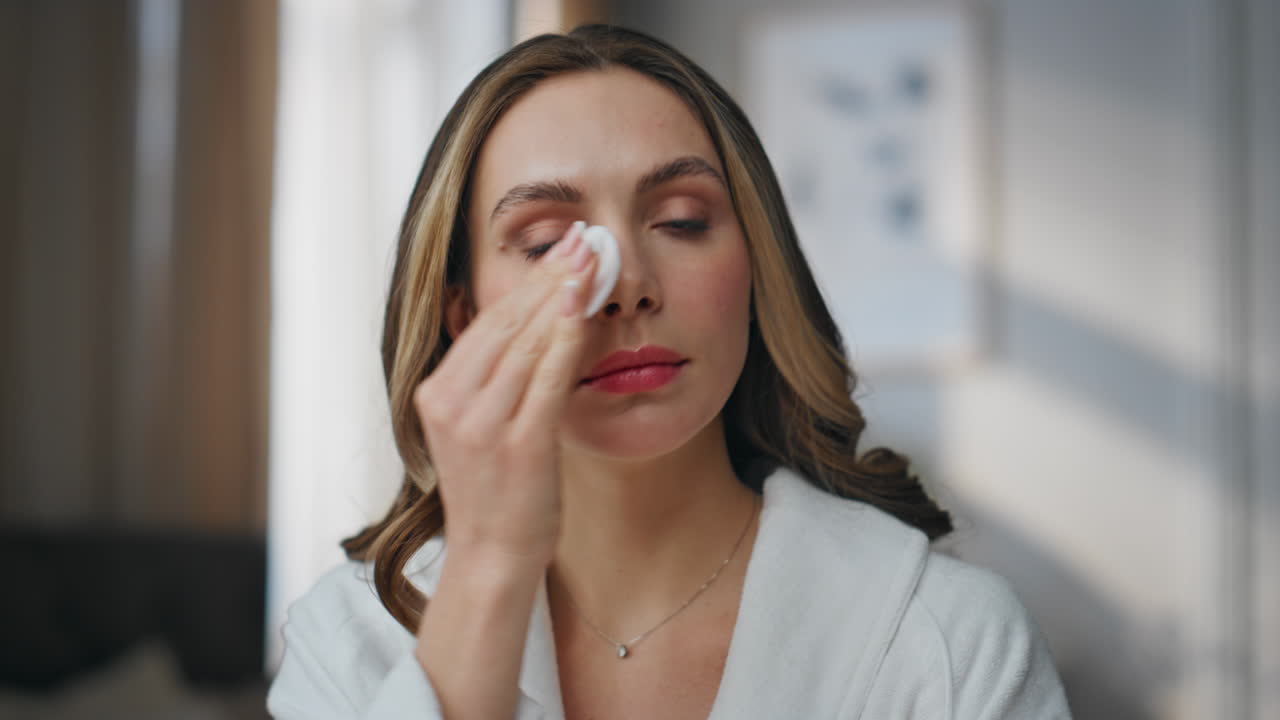 mujer limpiando la cara con una almohadilla de algodón
