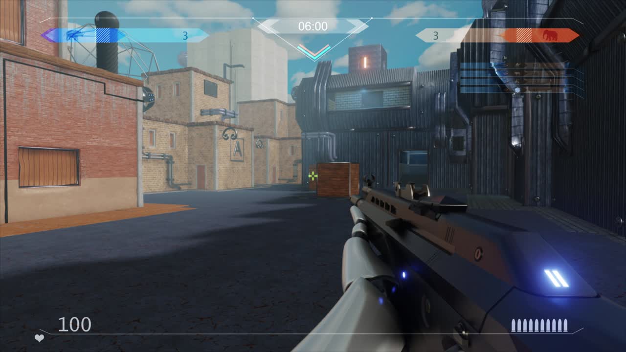 Mock-up of the Sci-Fi First Person Shooter. 3D Game Walkthrough, FPS with Gun on a Spaceship, War Against Flying Robots.