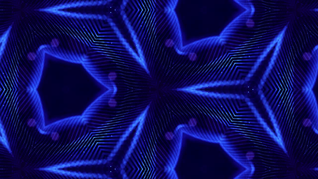 Kaleidoscopic abstract theme. 4k looped sci-fi 3d background with glow blue particles form lines, surfaces, pattern complex symmetrical structures