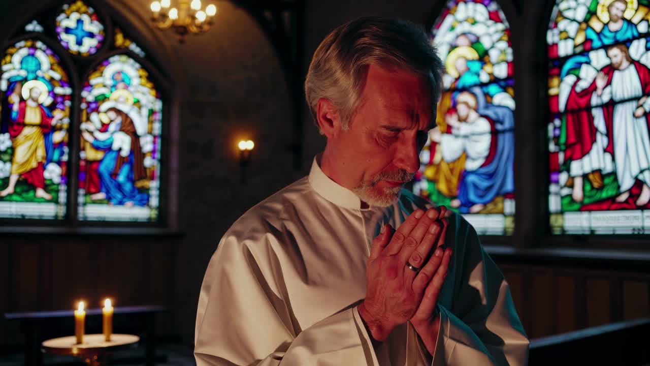 Uma imagem estática serena de um homem orando em uma igreja, capturada de um ângulo lateral.