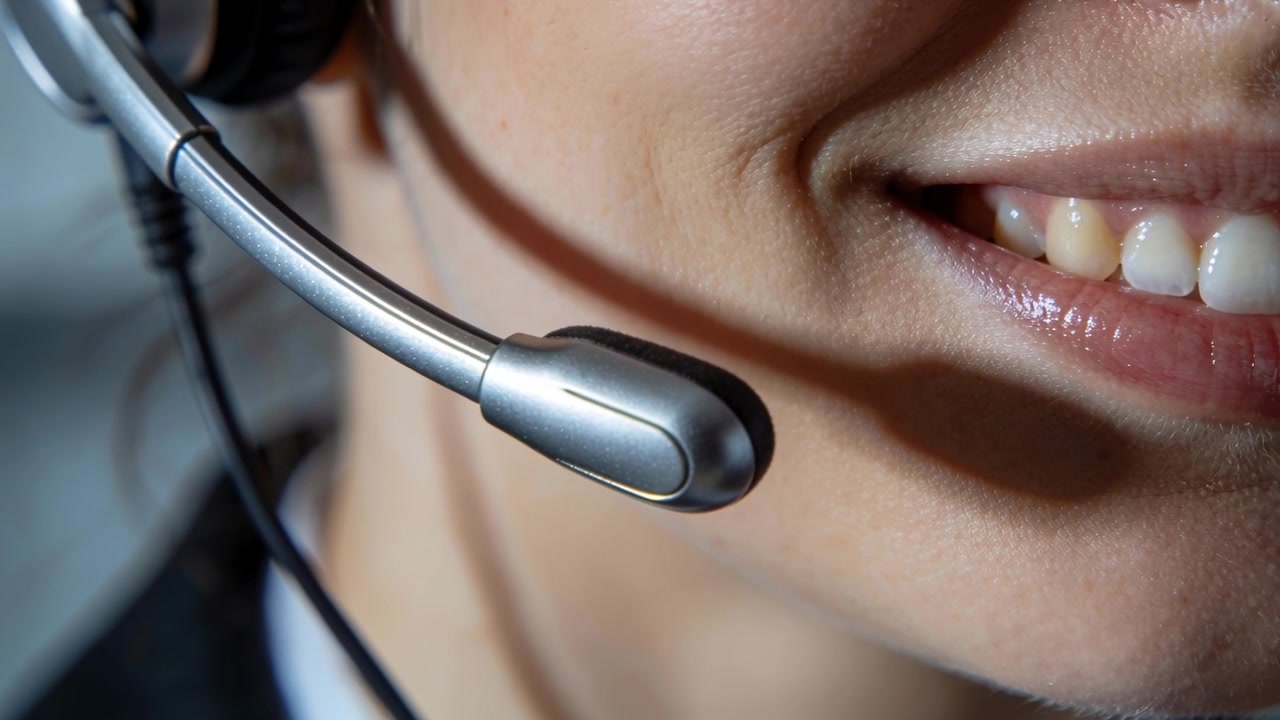 Besvarer indgående opkald, kvindelig agent taler ind i headset-mikrofon på kontor med uniformskrave.
