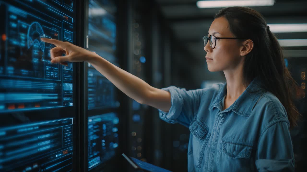 A focused professional engages with advanced technology, analyzing data on a futuristic digital interface, showcasing her expertise in data science and visualization