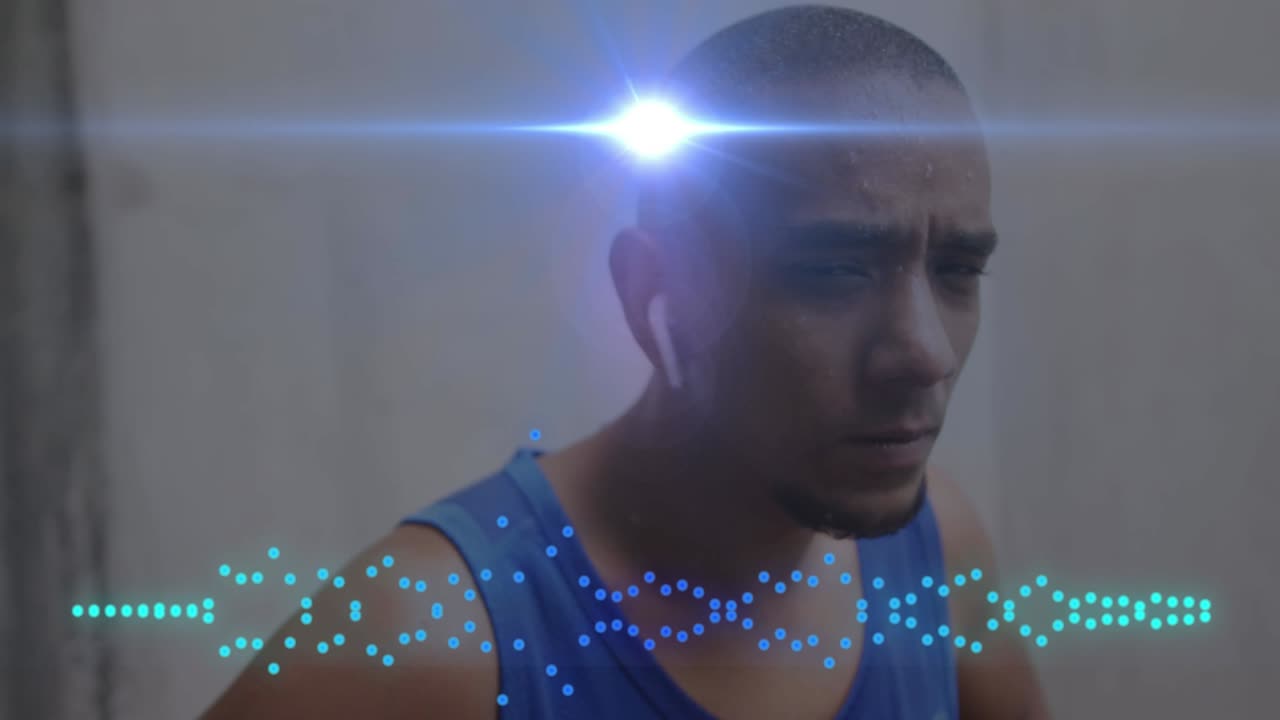 animación del medidor de pico de audio azul sobre un atleta masculino que hace ejercicio al aire libre con auriculares inalámbricos