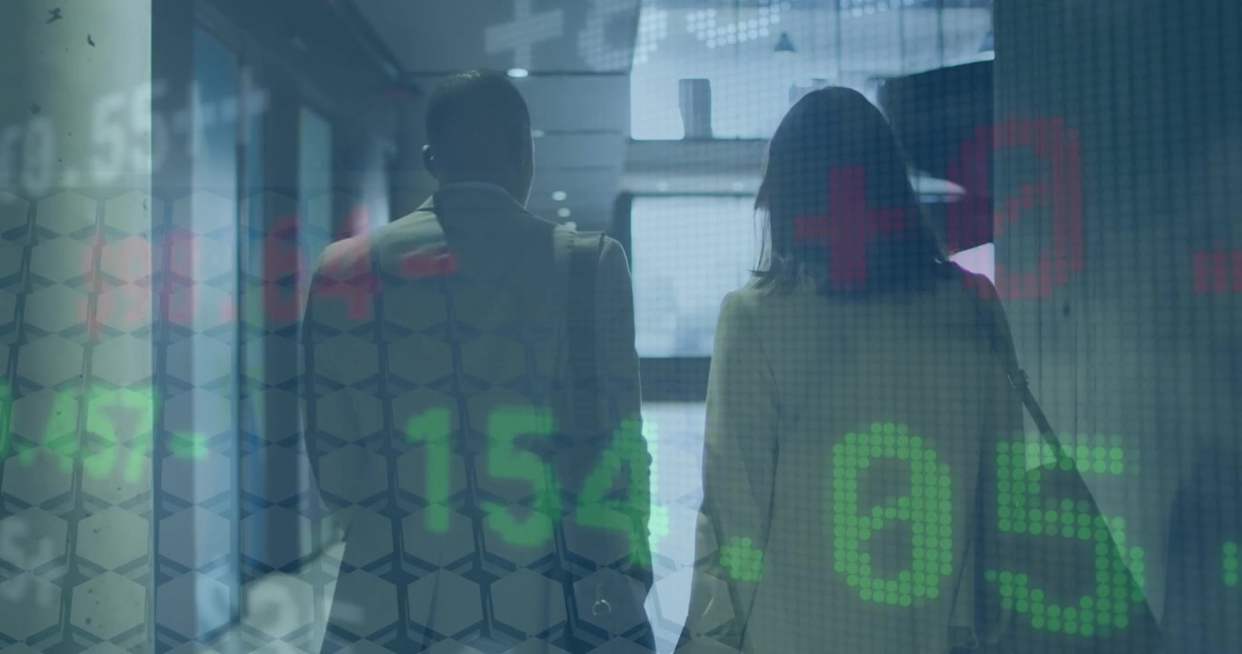 Business Professionals Walking Through Modern Office with Financial Data Overlay