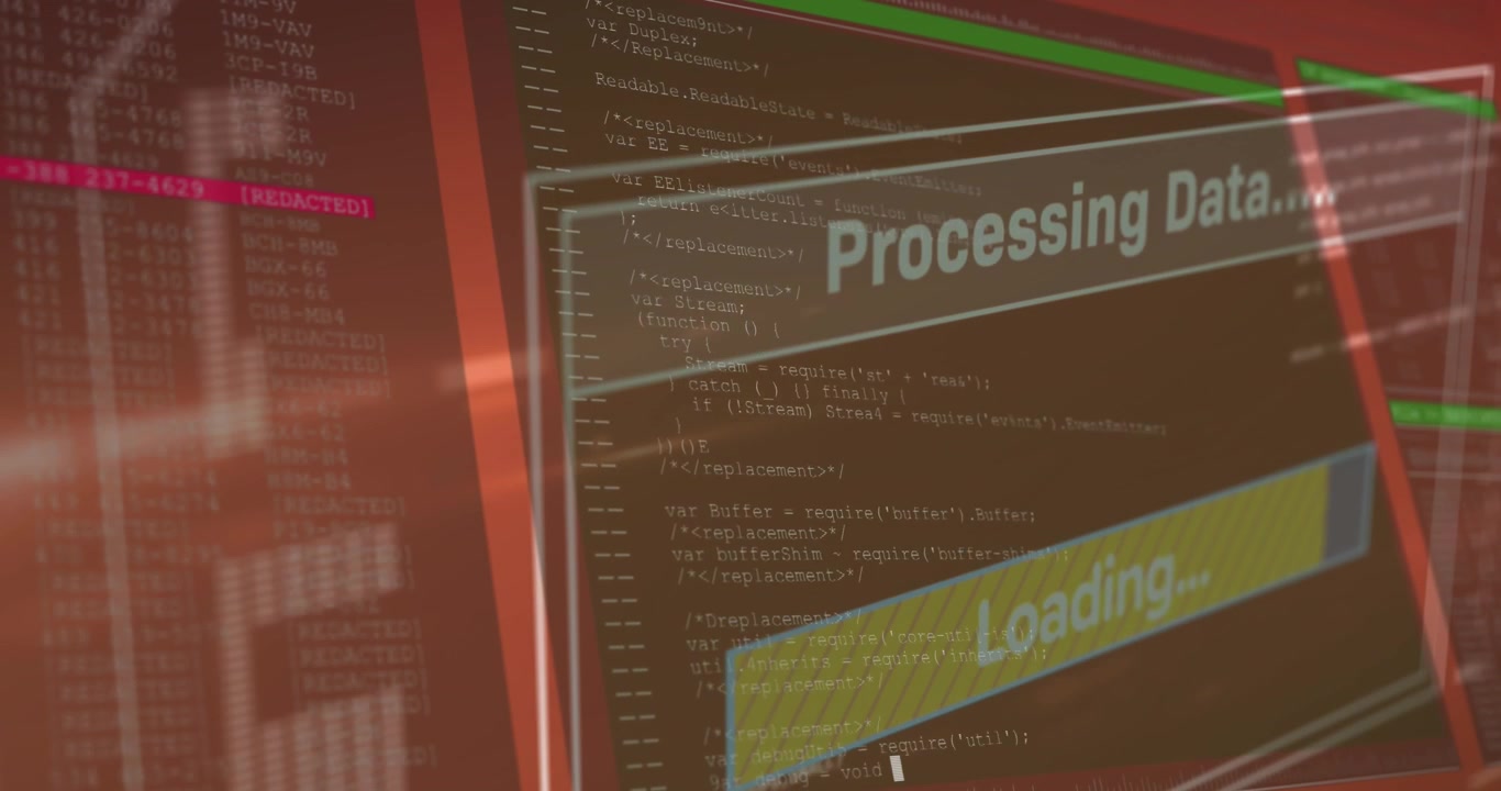 Animation of data processing text over screen and computer servers