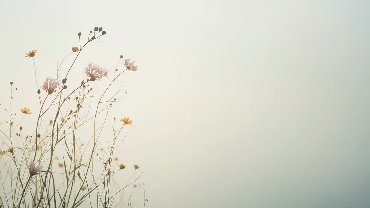Swaying wildflower cluster bending stems under light breeze at field edge, pink blooms, copy space
