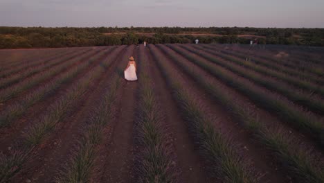 Hübsche-Dame,-Die-Bei-Sonnenuntergang-In-Einem-Weißen-Kleid-In-Einem-Lavendelfeld-Mit-Blühenden-Blumen-Spaziert