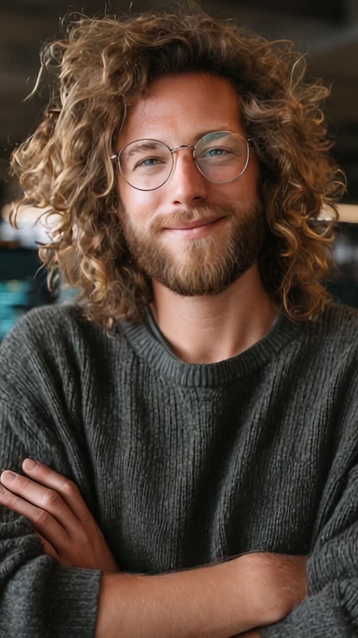 Un giovane uomo sicuro di sé con capelli ricci e occhiali sorride in modo affascinante, sfoggiando un look casual ma elegante in un ambiente interno accogliente