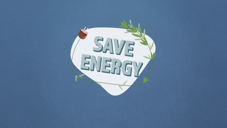 animation of save energy text and plant and plug logo on blue background