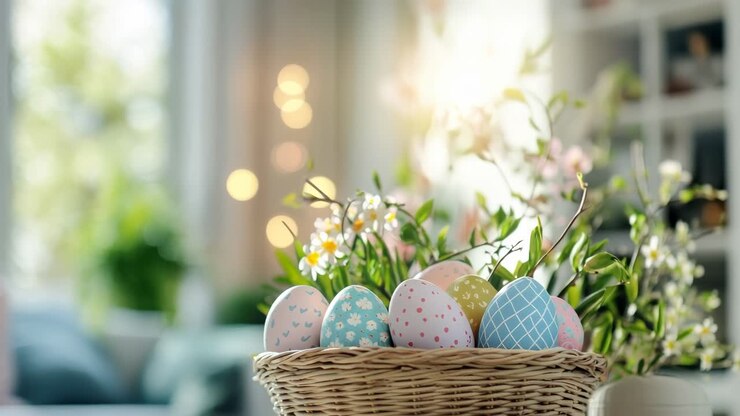 A cozy, sunlit room with a basket of colorful Easter eggs in the foreground
