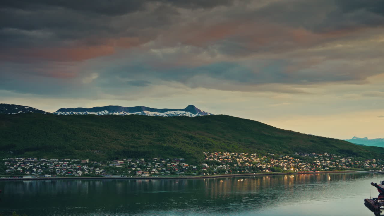 Picturesque landscape of the fjords in Norway. Scenic nordic landscape. at sunset. Colorful sky. Arctic landmark.