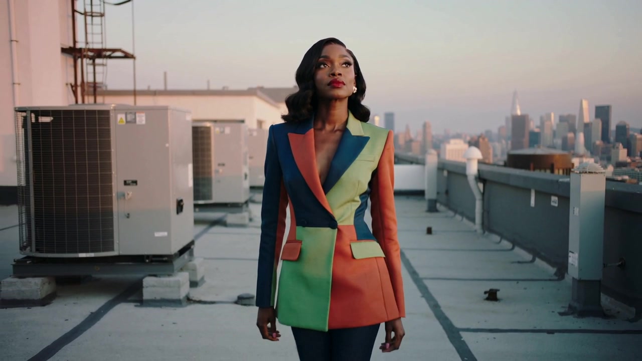 Model der går mod kameraet på en tagterrasse ved solnedgang, iført colour-block blazer, med HVAC-anlæg
