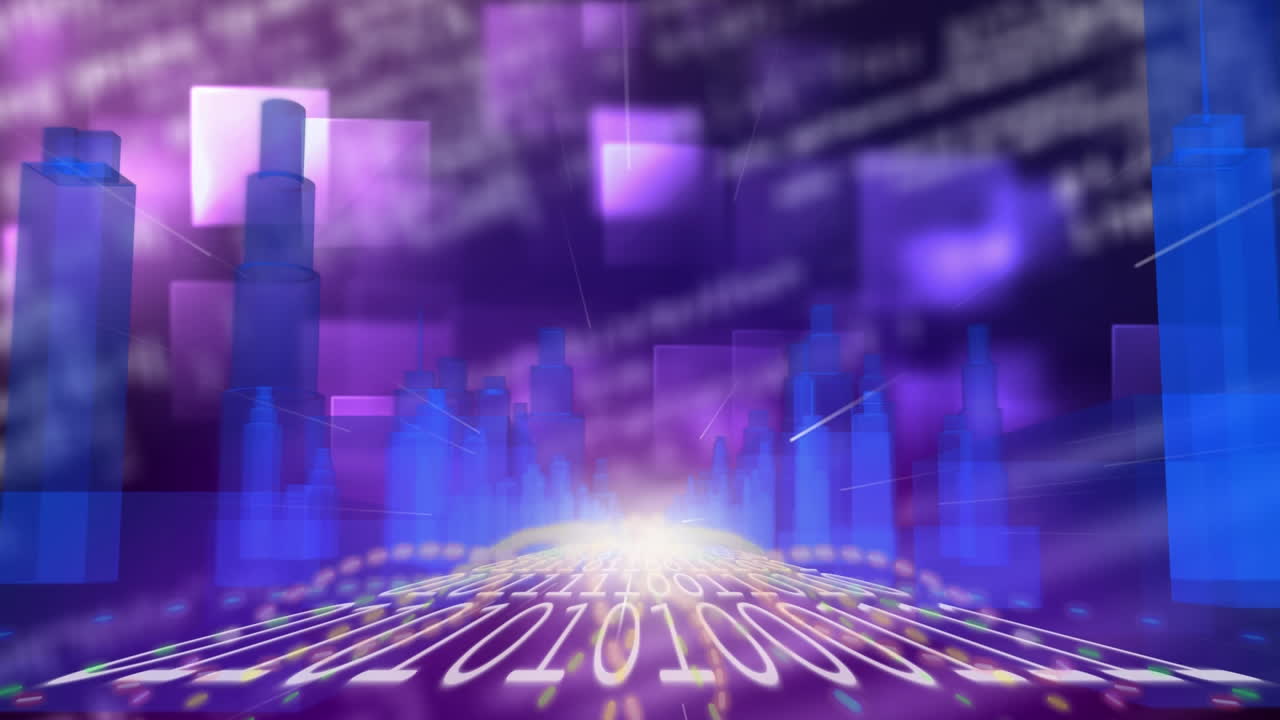 이진 코딩을 변경하는 숫자의 애니메이션 도시 풍경에 대한 데이터 처리