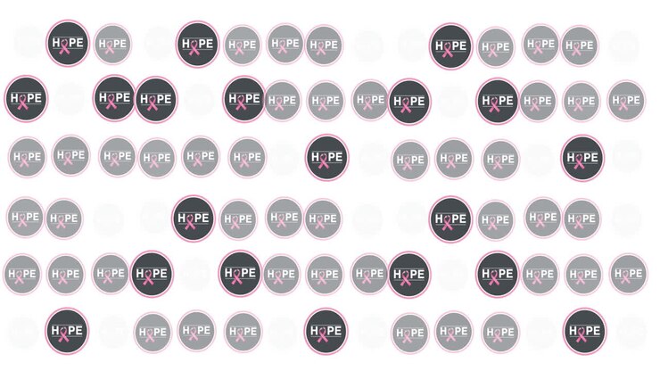 Animazione di più loghi a forma di nastro rosa e del testo 'Speranza' che brillano su uno sfondo bianco.