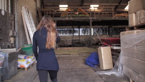 A-female-farmer-is-walking-into-a-barn-on-her-farm-to-say-hi-to-her-cows-that-are-resting-inside