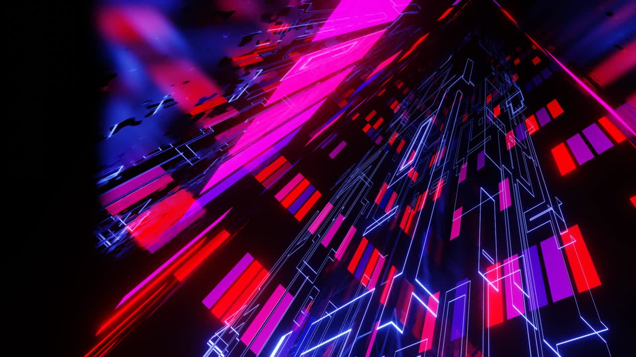Hi-tech neon sci-fi tunel. sci-fi pattern Trendy neon glow lines form pattern and construction in mirror tunnel. Fly through technology cyberspace. 3d looped seamless 4k bright youth background.