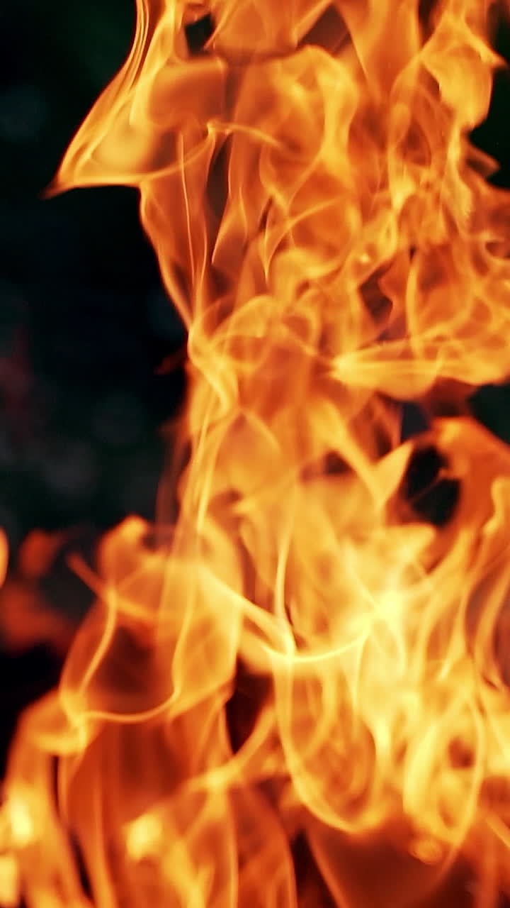 Beautiful bright flame on dark background. Romantic atmosphere of burning firewood at night. Orange flame outdoors. Vertical video