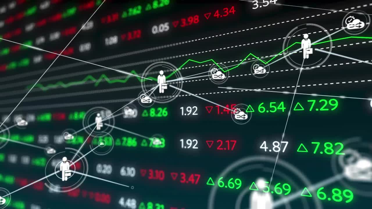 금융 데이터에 대한 아이콘을 가진 연결 네트워크의 애니메이션